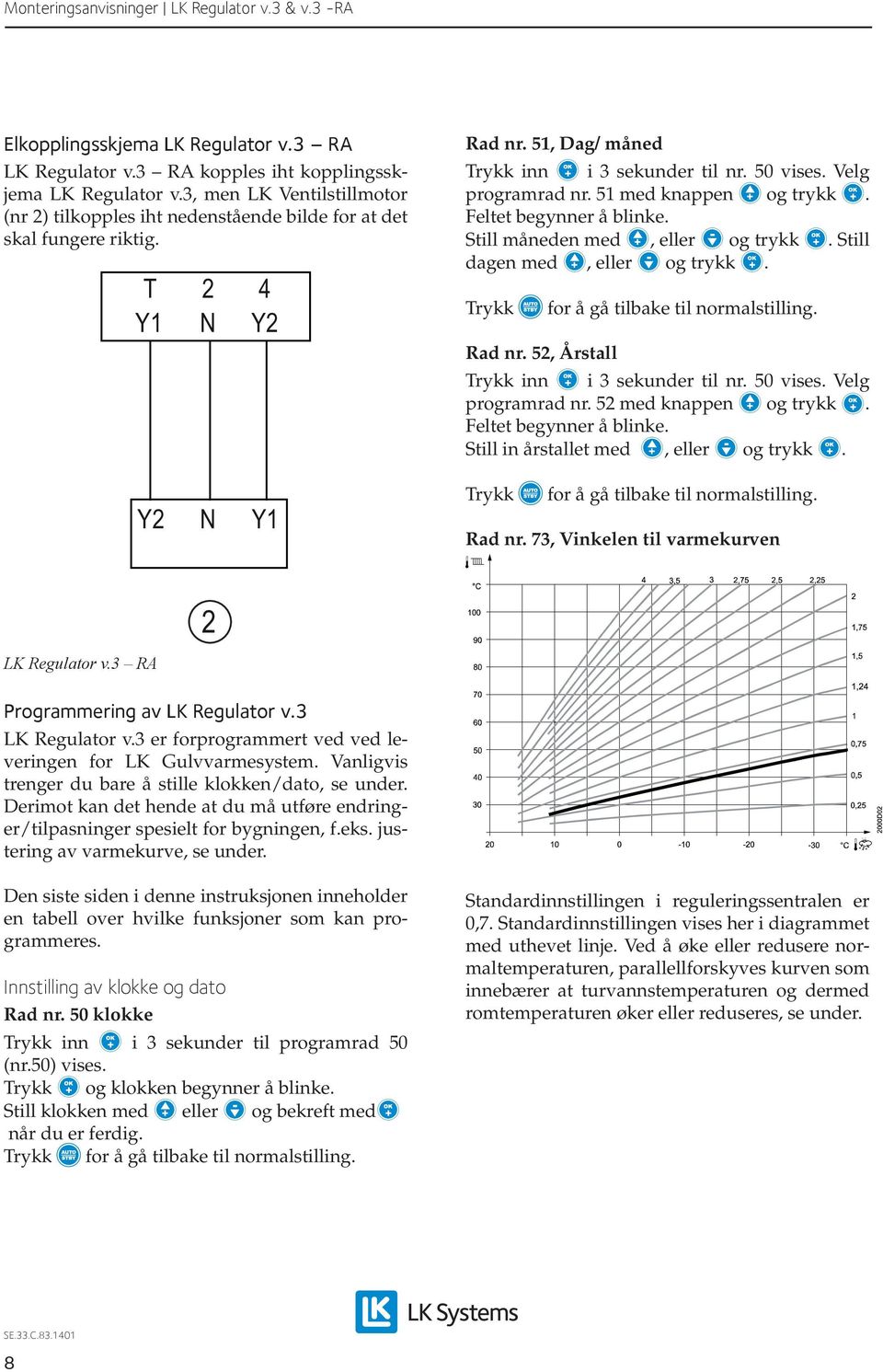 Still dagen med, eller og trykk. Trykk Rad nr. 52, Årstall for å gå tilbake til normalstilling. Trykk inn i 3 sekunder til nr. 50 vises. Velg programrad nr. 52 med knappen og trykk.