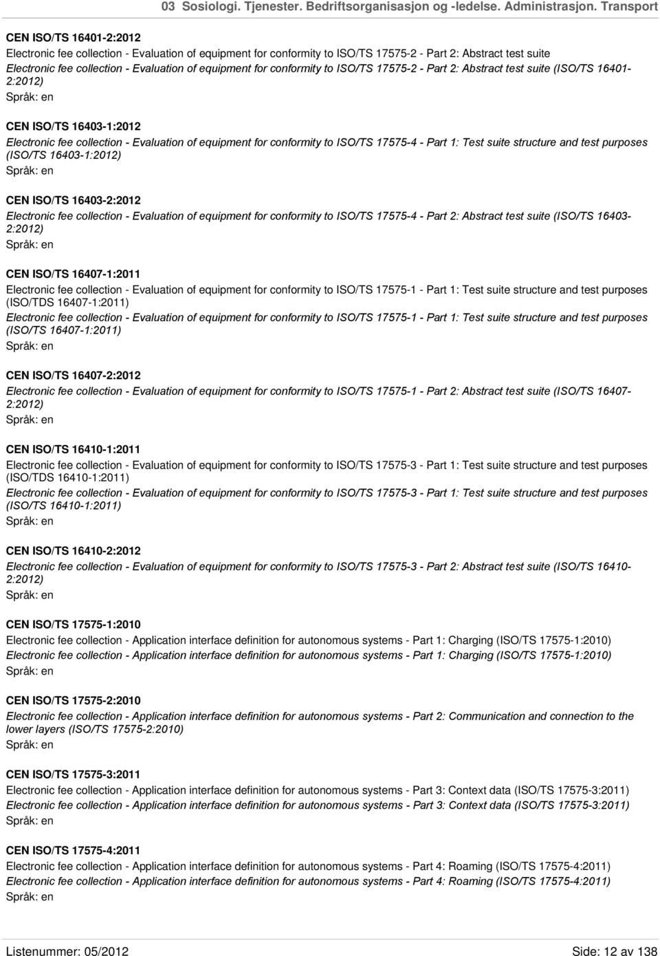 equipment for conformity to ISO/TS 17575-2 - Part 2: Abstract test suite (ISO/TS 16401-2:2012) CEN ISO/TS 16403-1:2012 Electronic fee collection - Evaluation of equipment for conformity to ISO/TS