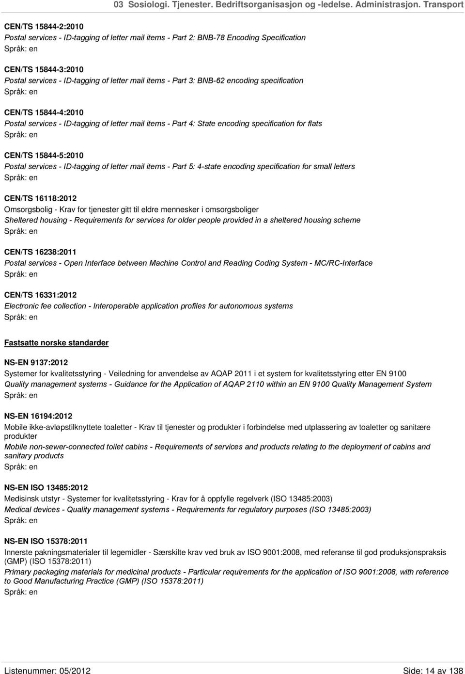 BNB-62 encoding specification CEN/TS 15844-4:2010 Postal services - ID-tagging of letter mail items - Part 4: State encoding specification for flats CEN/TS 15844-5:2010 Postal services - ID-tagging