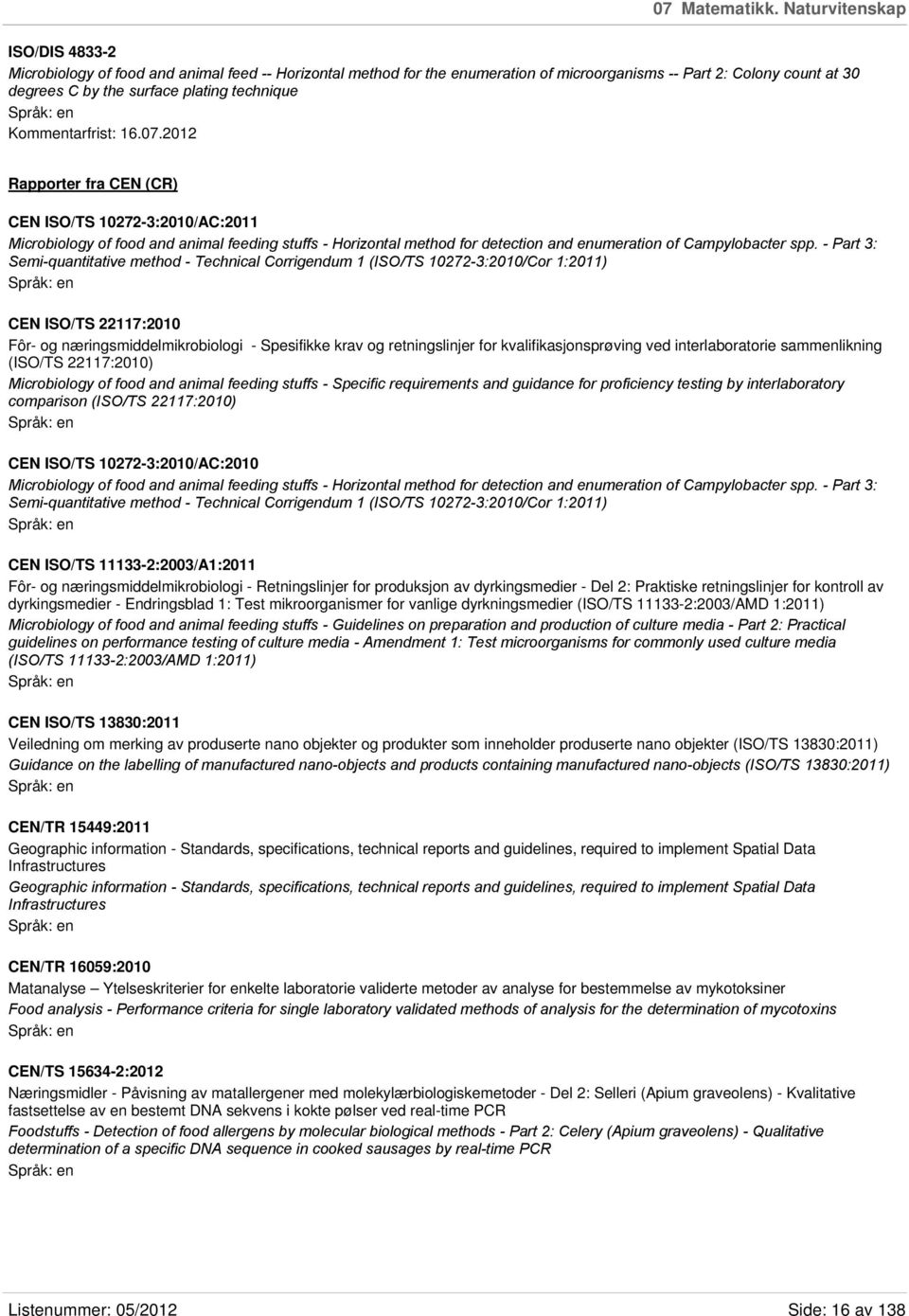 Kommentarfrist: 16.07.2012 Rapporter fra CEN (CR) CEN ISO/TS 10272-3:2010/AC:2011 Microbiology of food and animal feeding stuffs - Horizontal method for detection and enumeration of Campylobacter spp.