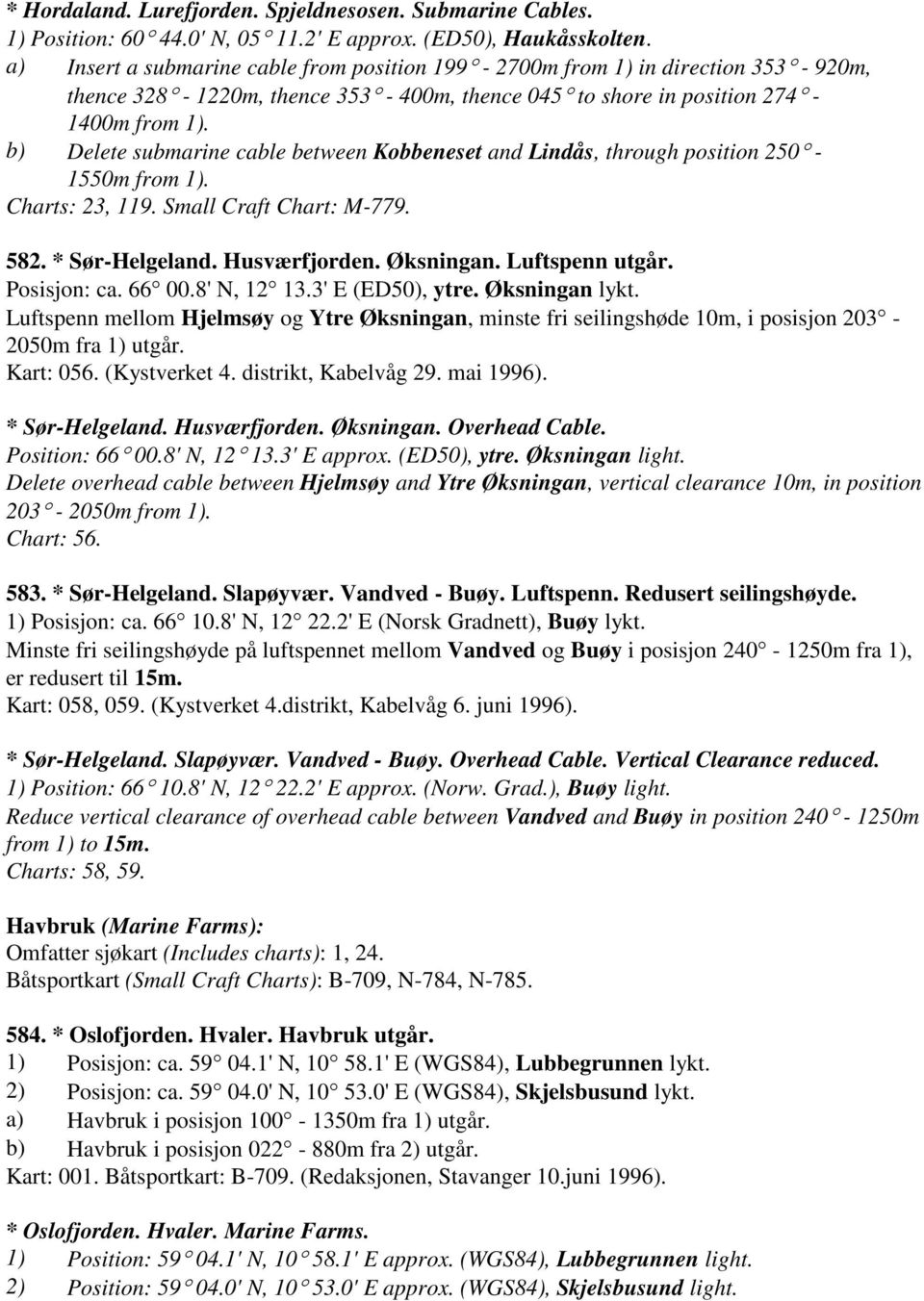 b) Delete submarine cable between Kobbeneset and Lindås, through position 250-1550m from 1). Charts: 23, 119. Small Craft Chart: M-779. 582. * Sør-Helgeland. Husværfjorden. Øksningan. Luftspenn utgår.