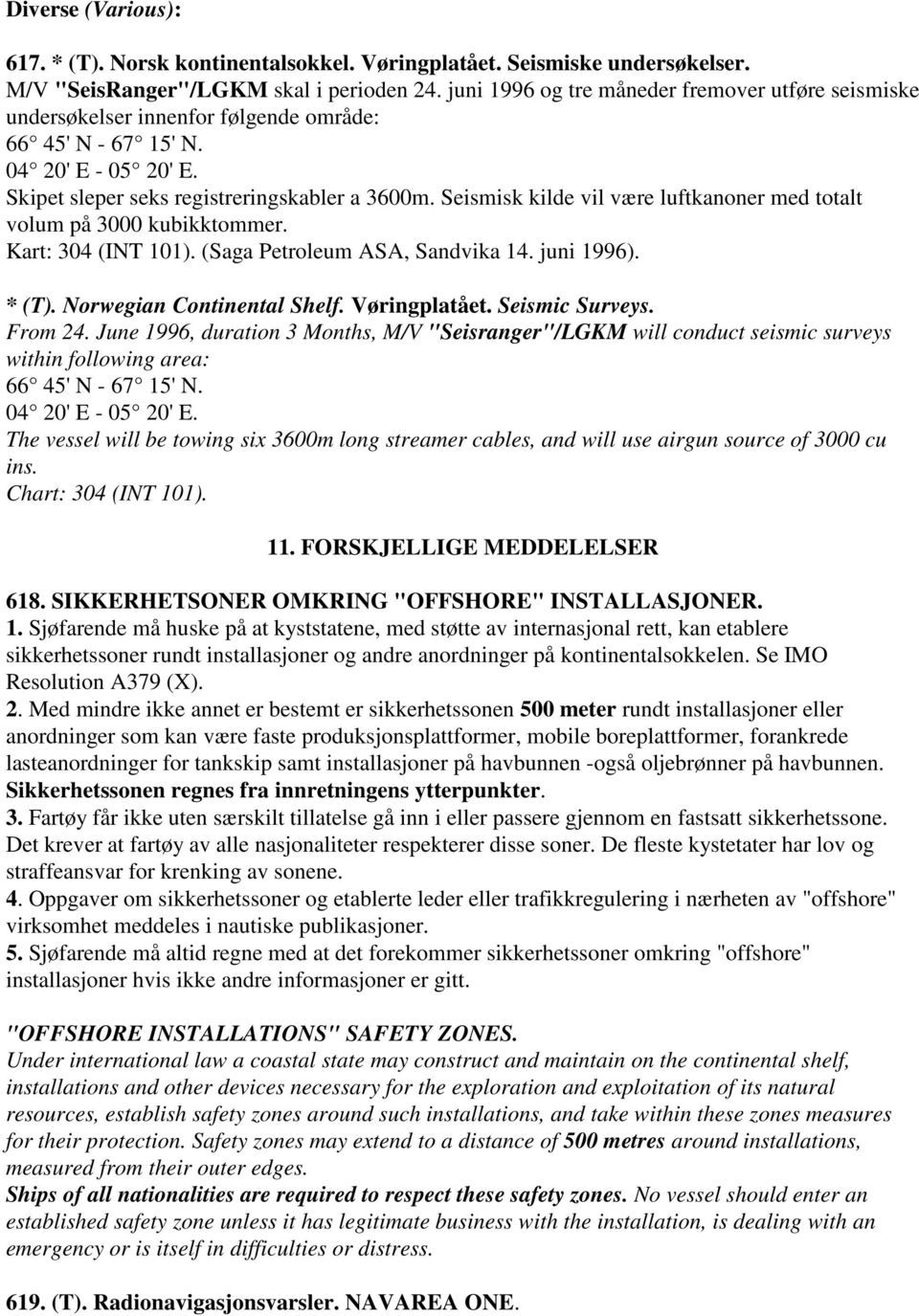 Seismisk kilde vil være luftkanoner med totalt volum på 3000 kubikktommer. Kart: 304 (INT 101). (Saga Petroleum ASA, Sandvika 14. juni 1996). * (T). Norwegian Continental Shelf. Vøringplatået.