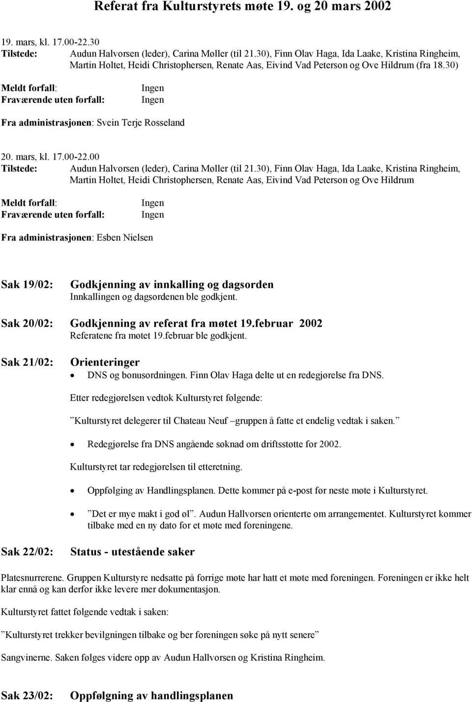 30) Meldt forfall: Fraværende uten forfall: Ingen Ingen Fra administrasjonen: Svein Terje Rosseland 20. mars, kl. 17.00-22.00 Tilstede: Audun Halvorsen (leder), Carina Møller (til 21.