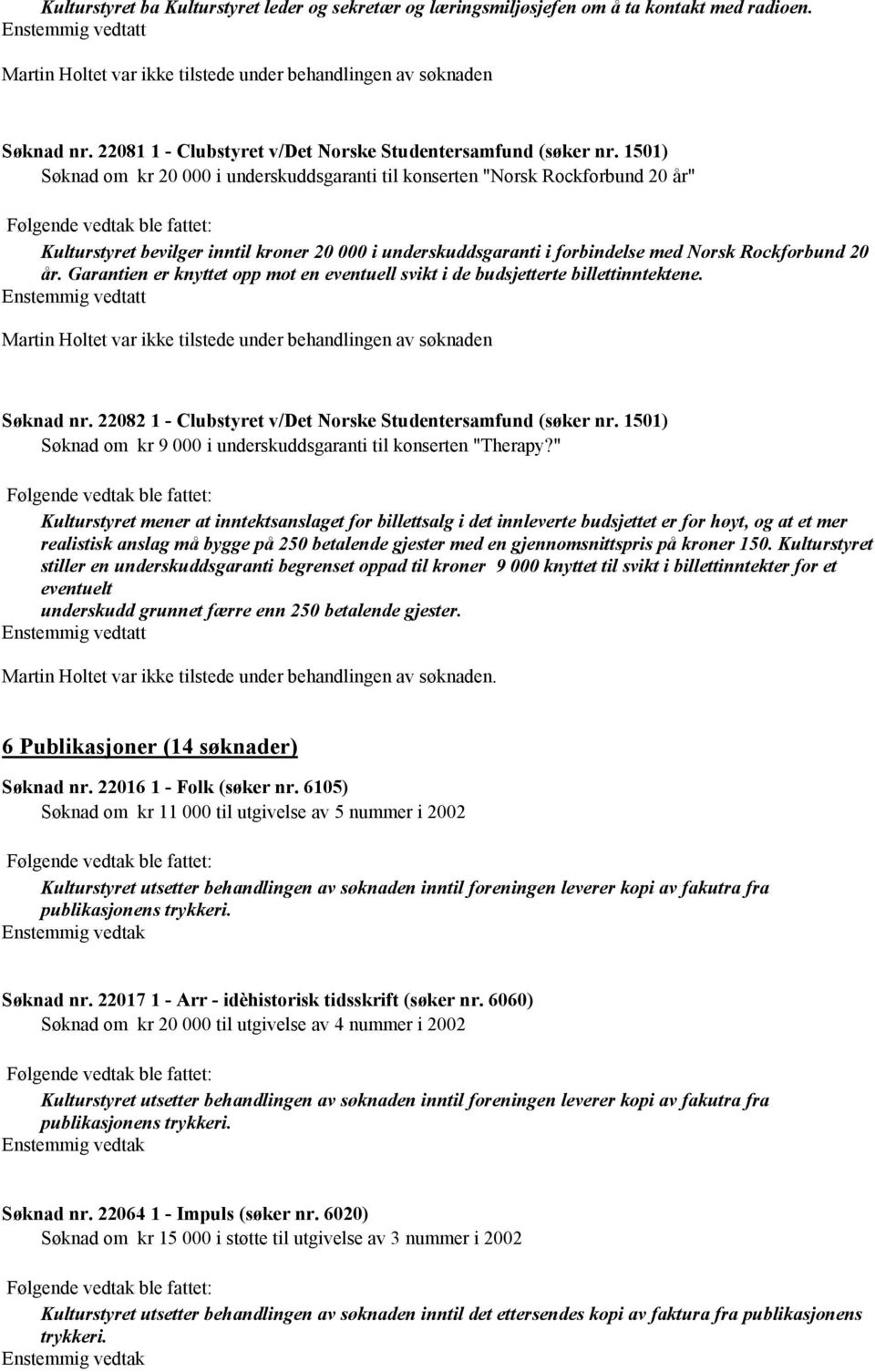 1501) Søknad om kr 20 000 i underskuddsgaranti til konserten "Norsk Rockforbund 20 år" Kulturstyret bevilger inntil kroner 20 000 i underskuddsgaranti i forbindelse med Norsk Rockforbund 20 år.