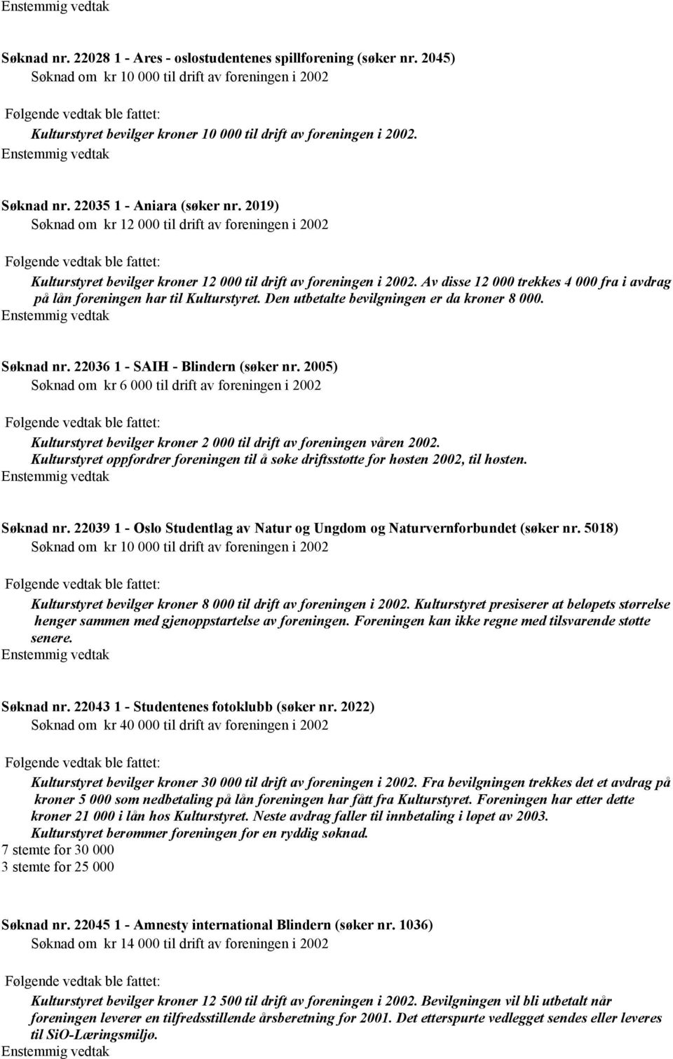 Av disse 12 000 trekkes 4 000 fra i avdrag på lån foreningen har til Kulturstyret. Den utbetalte bevilgningen er da kroner 8 000. Søknad nr. 22036 1 - SAIH - Blindern (søker nr.