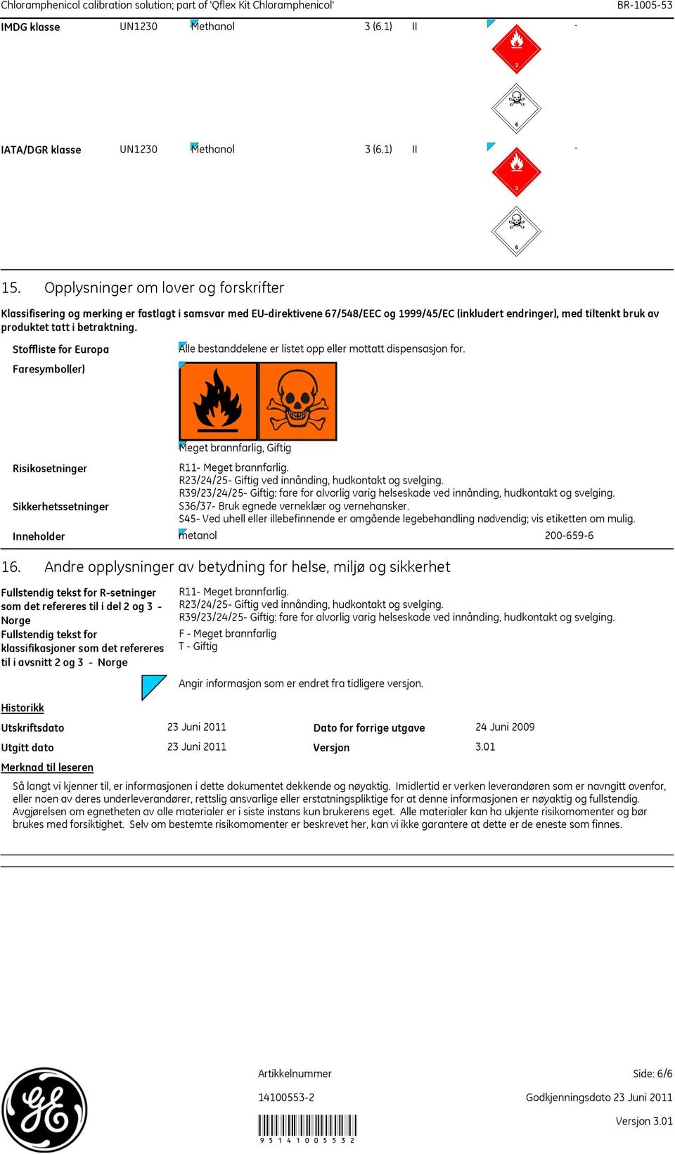 betraktning. Stoffliste for Europa Faresymbol(er) Alle bestanddelene er listet opp eller mottatt dispensasjon for.