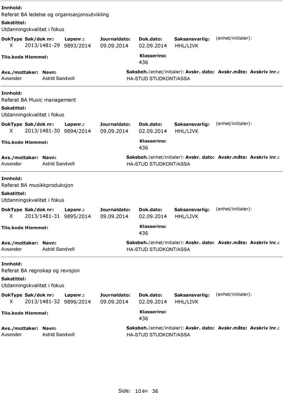 : Astrid Sandvoll HA-STD STDKONT/ASSA Referat BA musikkproduksjon tdanningskvalitet i fokus 2013/1481-31 9895/2014 HHL/LVK Avs./mottaker: Navn: Saksbeh. Avskr. dato: Avskr.måte: Avskriv lnr.