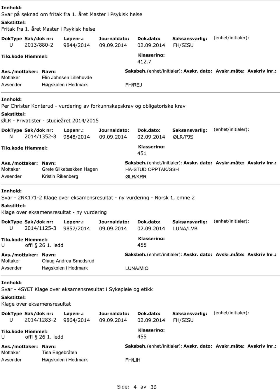 : Mottaker Elin Johnsen Lillehovde FH/REJ Per Christer Konterud - vurdering av forkunnskapskrav og obligatoriske krav ØLR - Privatister - studieåret 2014/2015 N 2014/1352-8 9848/2014 ØLR/PJS 451 Avs.