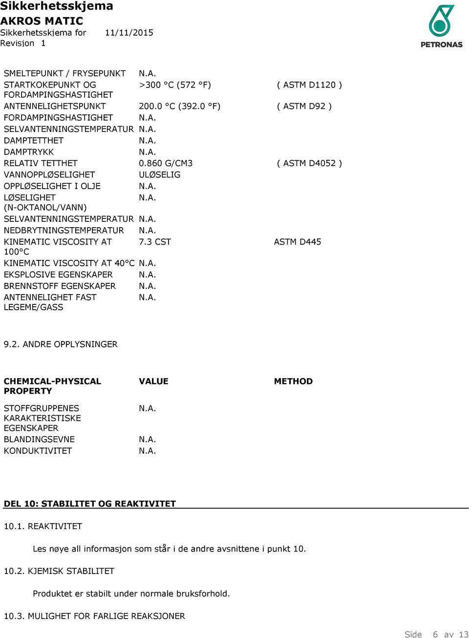 860 G/CM3 ( ASTM D4052 ) VANNOPPLØSELIGHET ULØSELIG OPPLØSELIGHET I OLJE LØSELIGHET (N-OKTANOL/VANN) SELVANTENNINGSTEMPERATUR NEDBRYTNINGSTEMPERATUR KINEMATIC VISCOSITY AT 7.