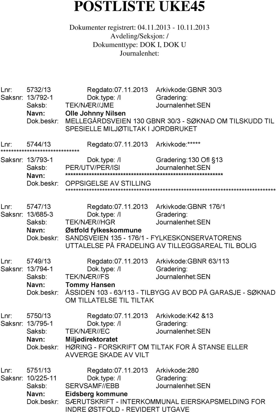 type: /I Gradering:130 Ofl 13 Saksb: PER/UTV/PER/ISI SEN Dok.beskr: OPPSIGELSE AV STILLING Lnr: 5747/13 Regdato:07.11.2013 Arkivkode:GBNR 176/1 Saksnr: 13/685-3 Dok.