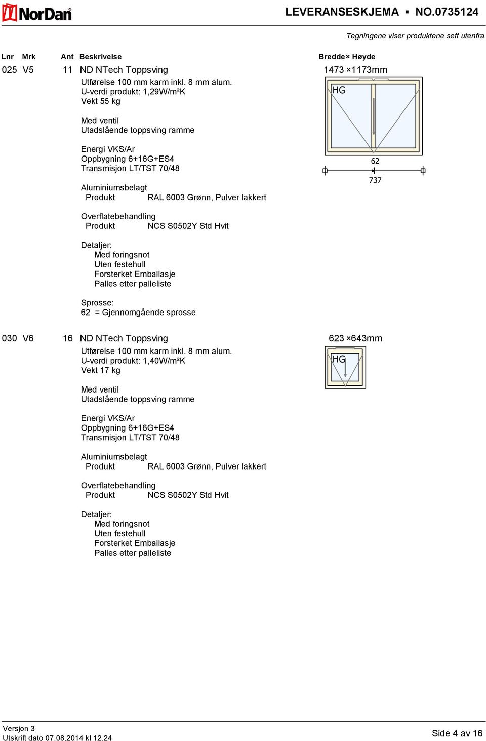 Toppsving 1473 1173mm U-verdi produkt: 1,29W/m²K Vekt 55 kg HG Utadslående toppsving ramme 62 737