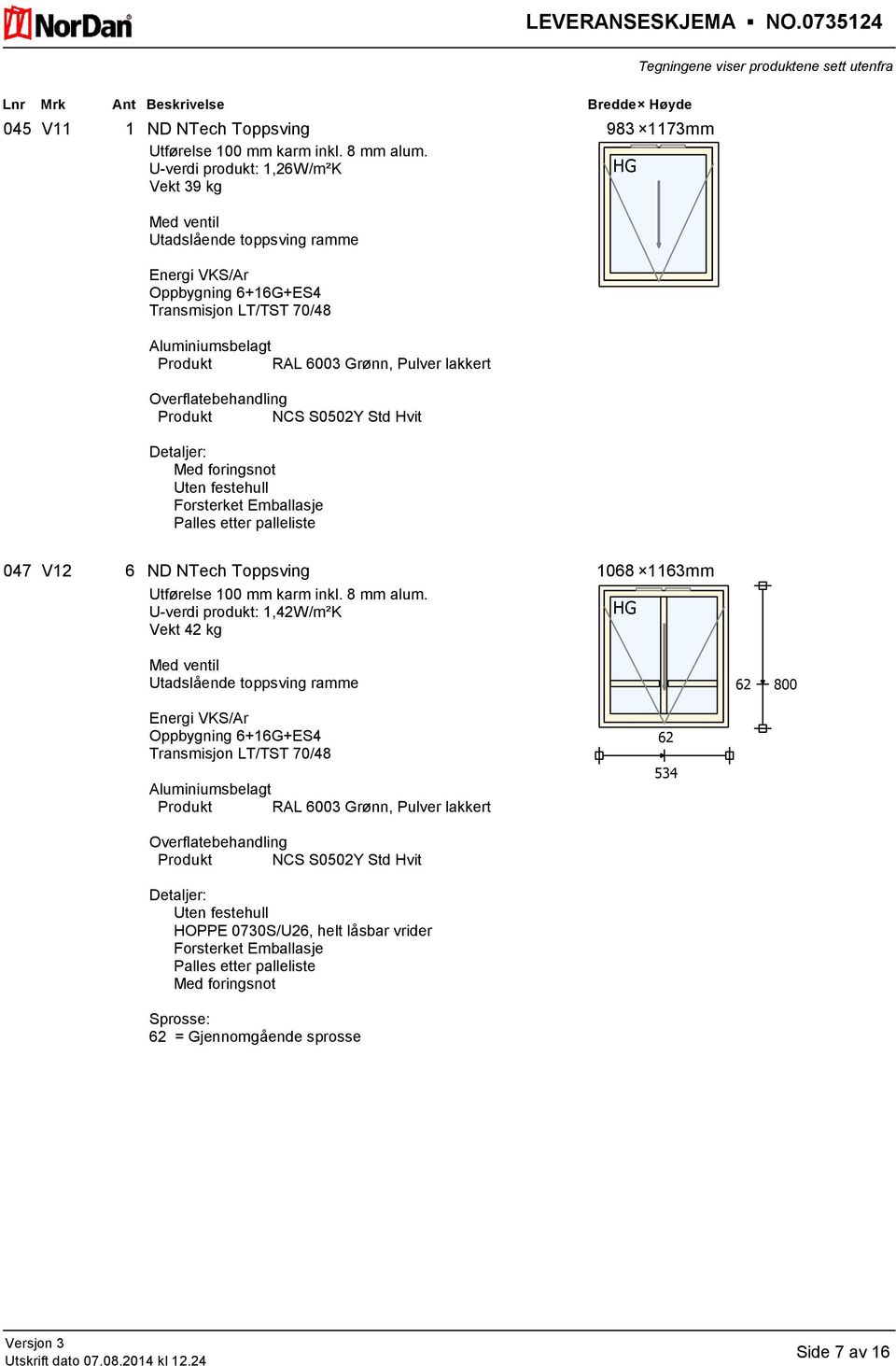 983 1173mm U-verdi produkt: 1,26W/m²K Vekt 39 kg HG Utadslående toppsving ramme 047 V12 6 ND NTech Toppsving 1068