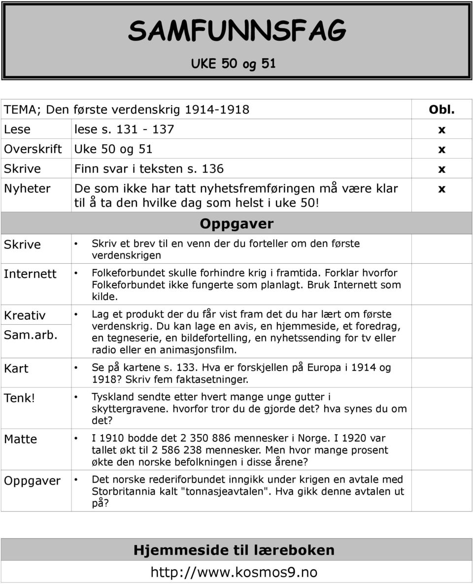 Oppgaver Skrive Skriv et brev til en venn der du forteller om den første verdenskrigen Internett Folkeforbundet skulle forhindre krig i framtida.