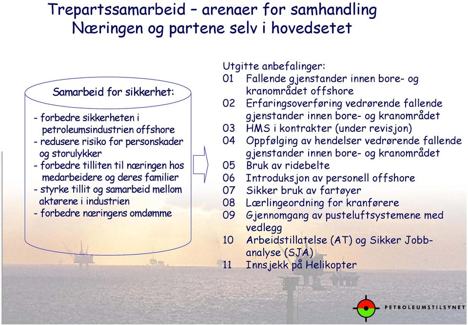 Fallende gjenstander innen bore- og kranområdet offshore 02 Erfaringsoverføring vedrørende fallende gjenstander innen bore- og kranområdet 03 HMS i kontrakter (under revisjon) 04 Oppfølging av