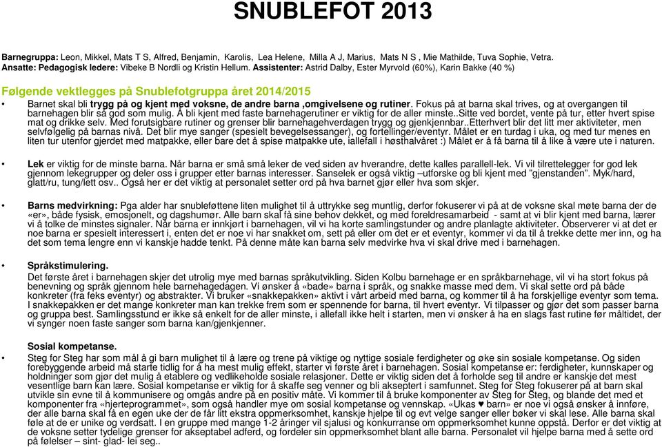 Assistenter: Astrid Dalby, Ester Myrvold (60%), Karin Bakke (40 %) Følgende vektlegges på Snublefotgruppa året 2014/2015 Barnet skal bli trygg på og kjent med voksne, de andre barna,omgivelsene og