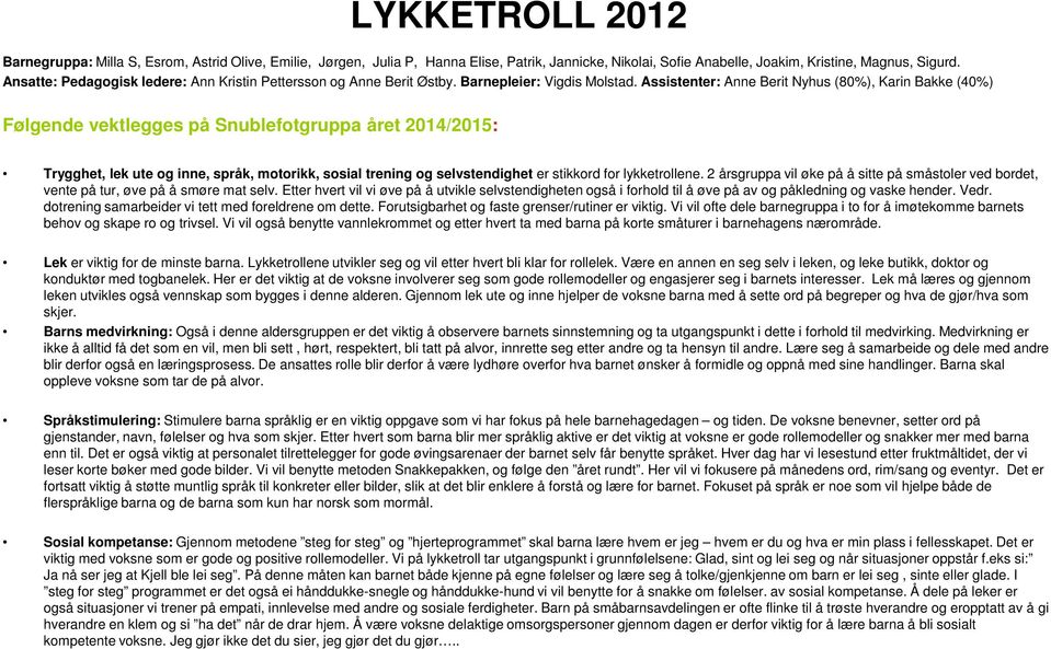 Assistenter: Anne Berit Nyhus (80%), Karin Bakke (40%) Følgende vektlegges på Snublefotgruppa året 2014/2015: Trygghet, lek ute og inne, språk, motorikk, sosial trening og selvstendighet er stikkord