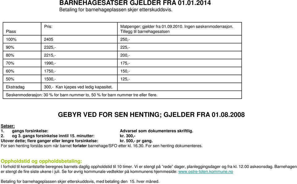 Søskenmoderasjon: 30 % for barn nummer to, 50 % for barn nummer tre eller flere. Matpenger; gjelder fra 01.09.2010. Ingen søskenmoderrasjon.