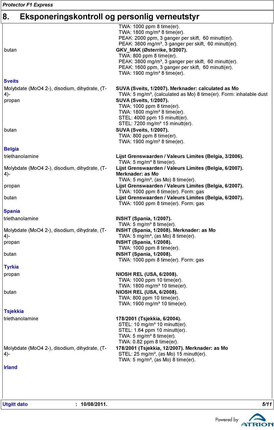 Merknader calculated as Mo TWA 5 mg/m³, (calculated as Mo) 8 time(er). Form inhalable dust propan SUVA (Sveits, 1/2007). TWA 1000 ppm 8 time(er). TWA 1800 mg/m³ 8 time(er).