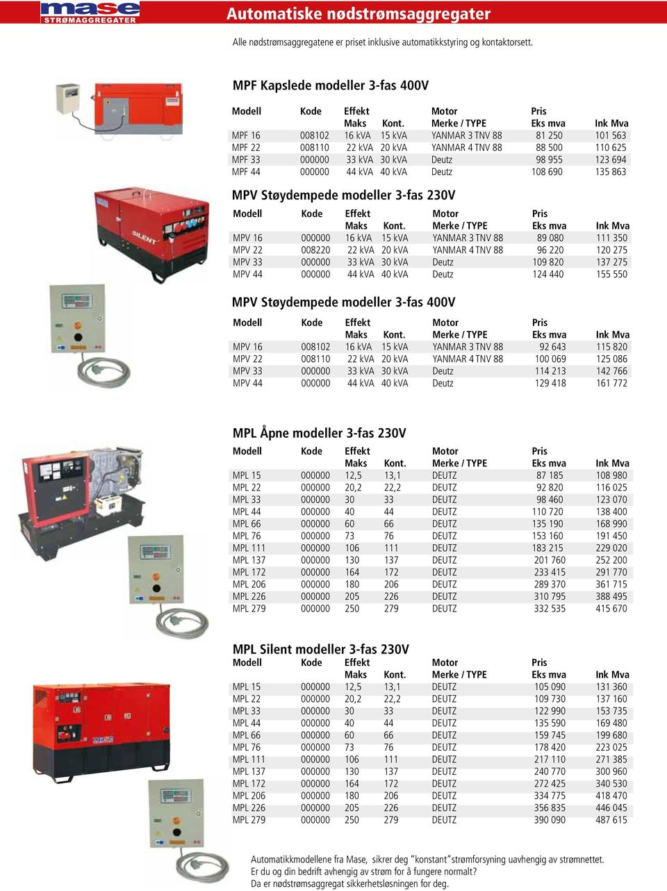 MPF 44 000000 44 kva 40 kva Deutz 108 690 135 863 MPV Støydempede modeller 3-fas 230V MPV 16 000000 16 kva 15 kva YANMAR 3 TNV 88 89 080 111 350 MPV 22 008220 22 kva 20 kva YANMAR 4 TNV 88 96 220 120