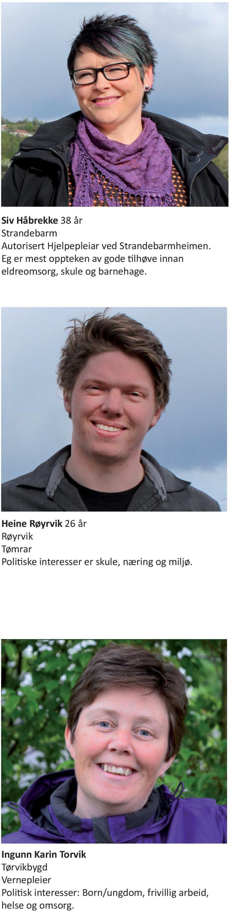 Heine Røyrvik 26 år Røyrvik Tømrar Poli ske interesser er skule, næring og miljø.