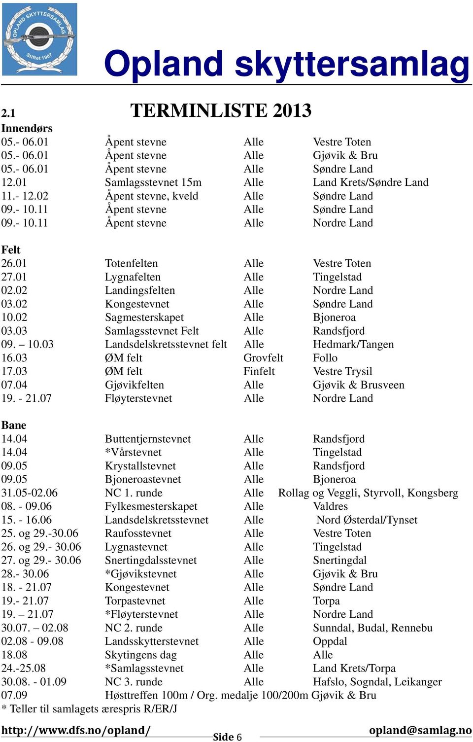 01 Totenfelten Alle Vestre Toten 27.01 Lygnafelten Alle Tingelstad 02.02 Landingsfelten Alle Nordre Land 03.02 Kongestevnet Alle Søndre Land 10.02 Sagmesterskapet Alle Bjoneroa 03.