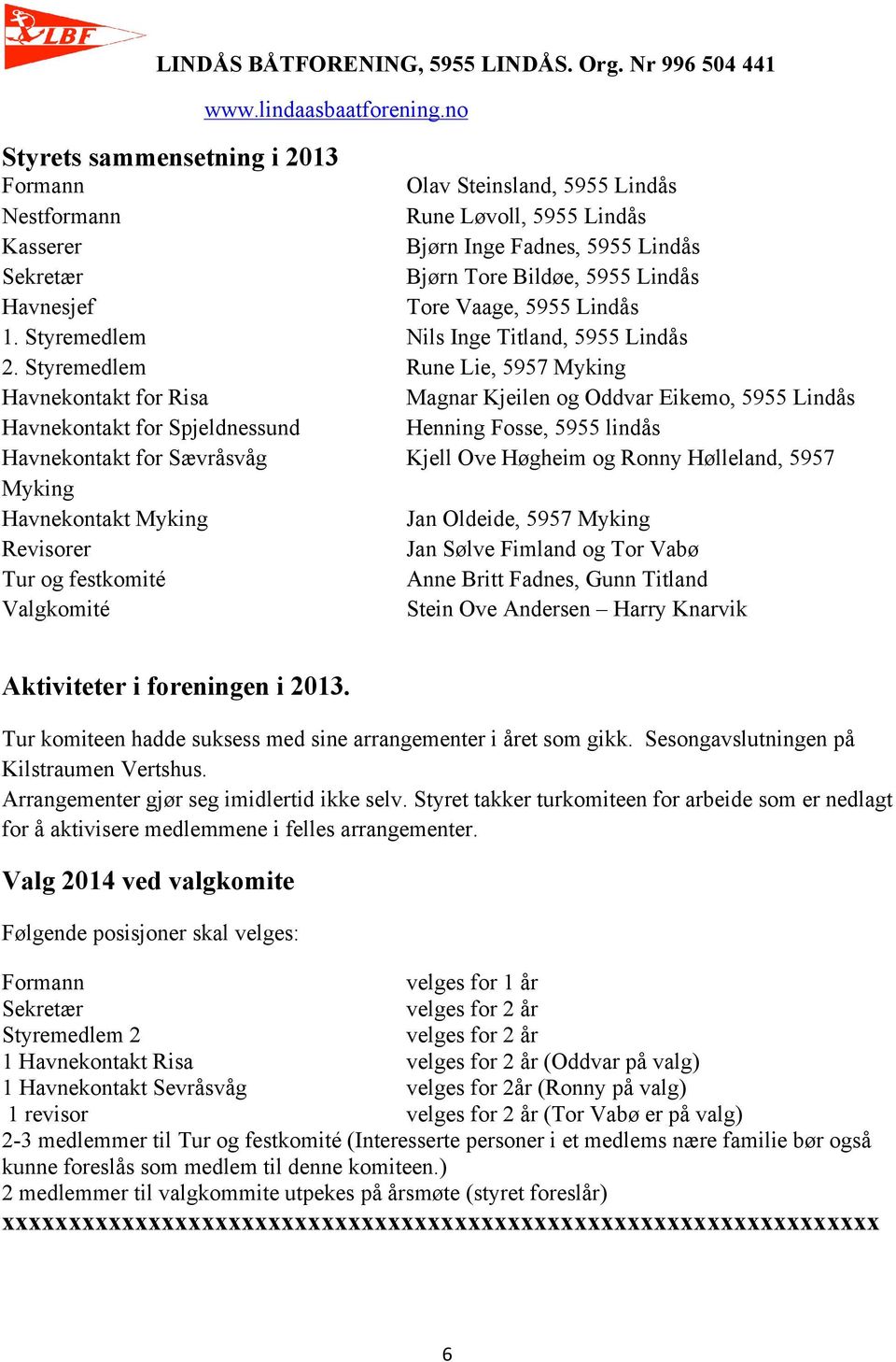 Styremedlem Rune Lie, 5957 Myking Havnekontakt for Risa Magnar Kjeilen og Oddvar Eikemo, 5955 Lindås Havnekontakt for Spjeldnessund Henning Fosse, 5955 lindås Havnekontakt for Sævråsvåg Kjell Ove