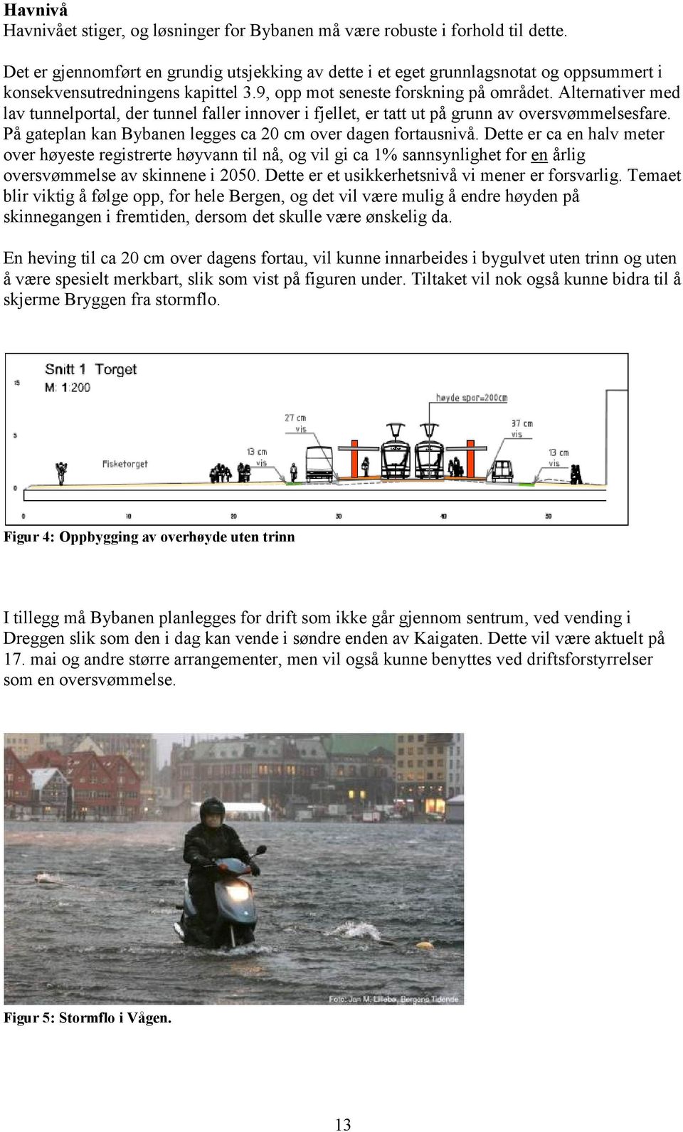 Alternativer med lav tunnelportal, der tunnel faller innover i fjellet, er tatt ut på grunn av oversvømmelsesfare. På gateplan kan Bybanen legges ca 20 cm over dagen fortausnivå.