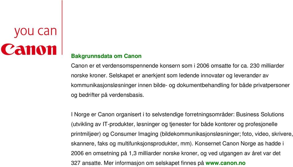 I Norge er Canon organisert i to selvstendige forretningsområder: Business Solutions (utvikling av IT-produkter, løsninger og tjenester for både kontorer og profesjonelle printmiljøer) og