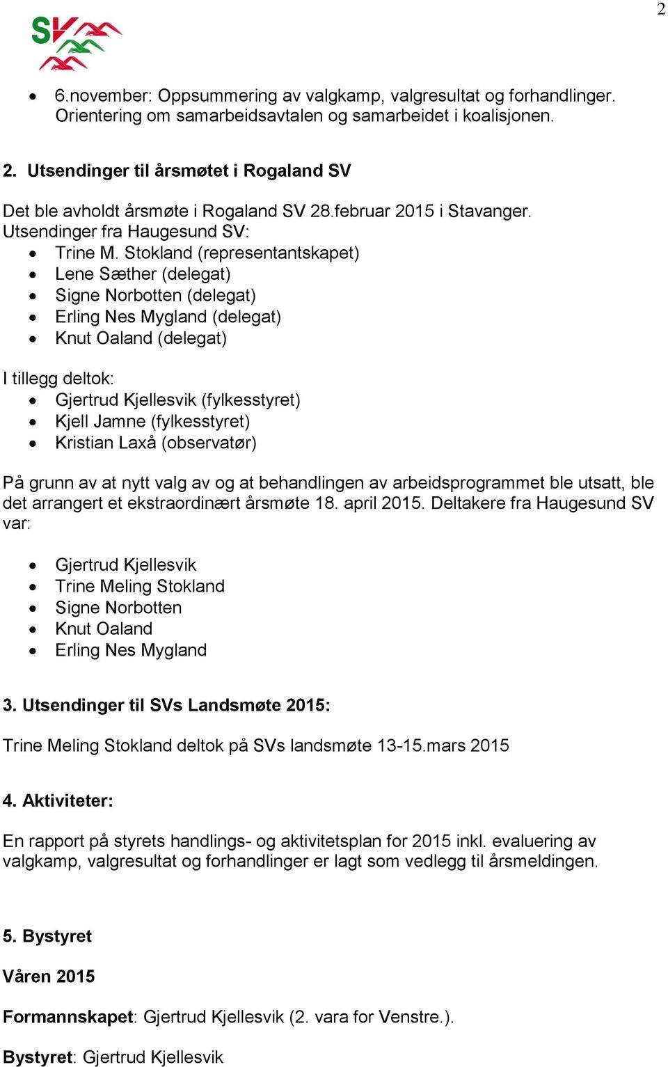 Stokland (representantskapet) Lene Sæther (delegat) Signe Norbotten (delegat) Erling Nes Mygland (delegat) Knut Oaland (delegat) I tillegg deltok: Gjertrud Kjellesvik (fylkesstyret) Kjell Jamne