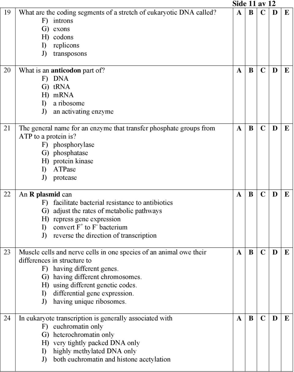 F) phosphorylase G) phosphatase H) protein kinase I) ATPase J) protease 22 An R plasmid can F) facilitate bacterial resistance to antibiotics G) adjust the rates of metabolic pathways H) repress gene