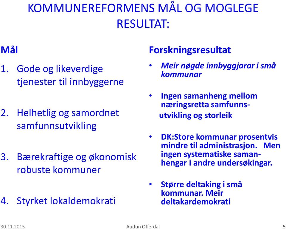 Styrket lokaldemokrati Forskningsresultat Meir nøgde innbyggjarar i små kommunar Ingen samanheng mellom næringsretta