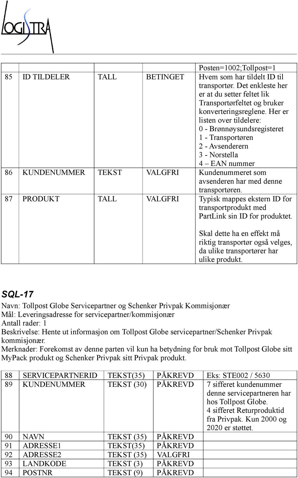 transportøren. 87 PRODUKT TALL VALGFRI Typisk mappes ekstern ID for transportprodukt med PartLink sin ID for produktet.