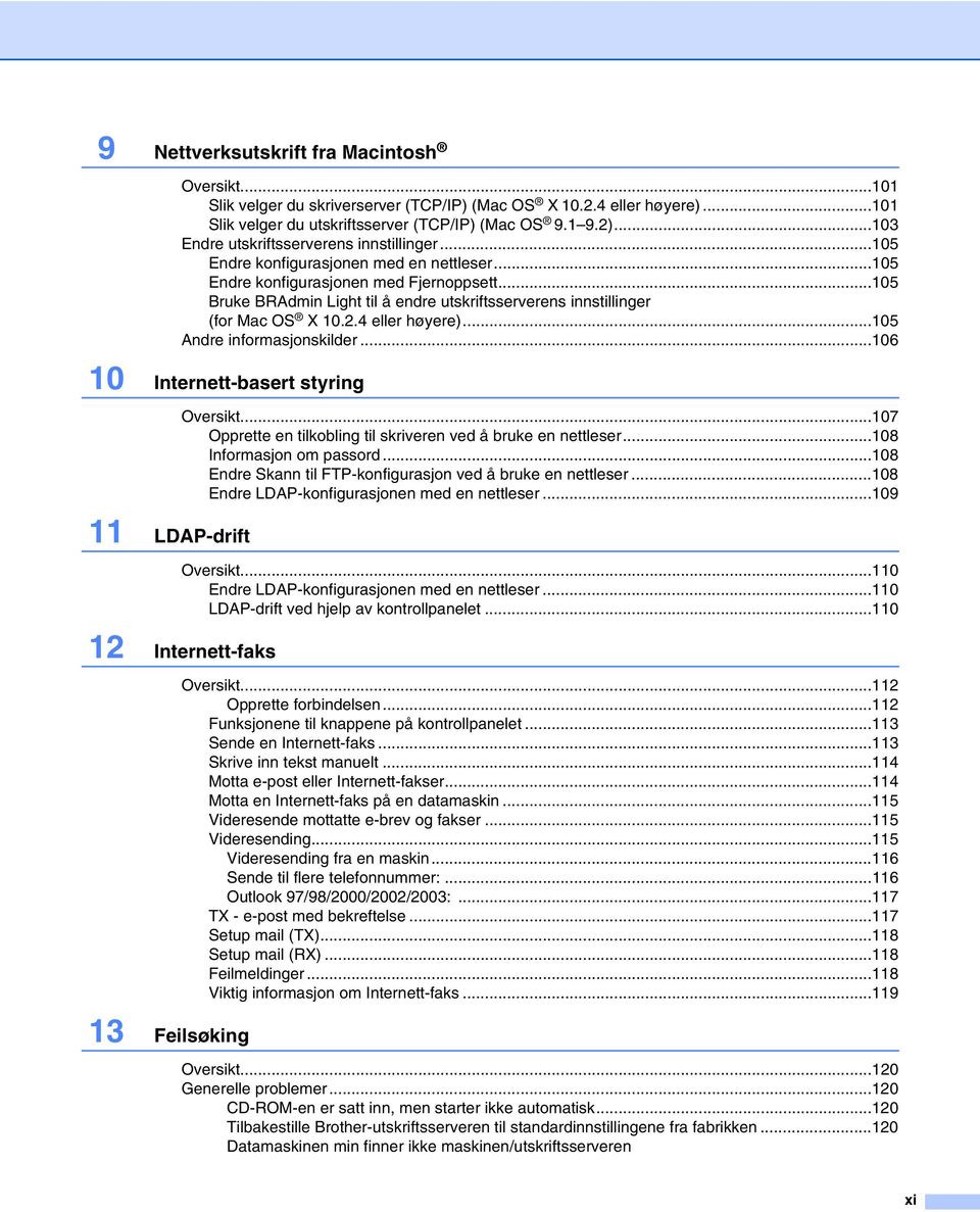 ..105 Bruke BRAdmin Light til å endre utskriftsserverens innstillinger (for Mac OS X 10.2.4 eller høyere)...105 Andre informasjonskilder...106 10 Internett-basert styring 11 LDAP-drift Oversikt.