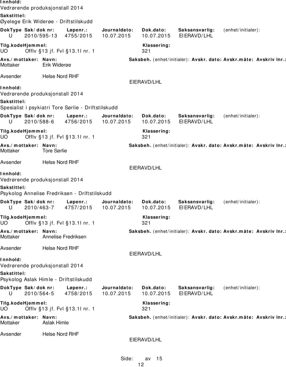 2015 Erik Widerøe Spesialist i psykiatri Tore Sørlie - Driftstilskudd U 2010/588-6 4756/2015 Tore