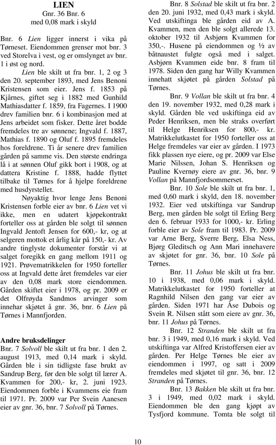 I 1900 drev familien bnr. 6 i kombinasjon med at Jens arbeidet som fisker. Dette året bodde fremdeles tre av sønnene; Ingvald f. 1887, Mathias f. 1890 og Oluf f. 1895 fremdeles hos foreldrene.