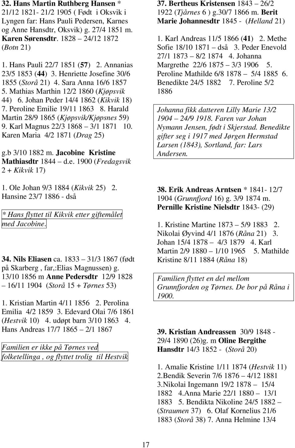 Johan Peder 14/4 1862 (Kikvik 18) 7. Peroline Emilie 19/11 1863 8. Harald Martin 28/9 1865 (Kjøpsvik/Kjøpsnes 59) 9. Karl Magnus 22/3 1868 3/1 1871 10. Karen Maria 4/2 1871 (Drag 25) g.b 3/10 1882 m.