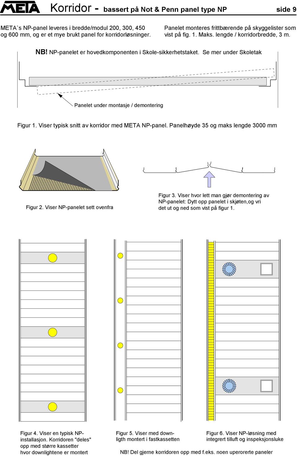 Se mer under Skoletak Panelet under montasje / demontering Figur 1. Viser typisk snitt av korridor med META NP-panel. Panelhøyde 35 og maks lengde 3000 mm Figur 2.