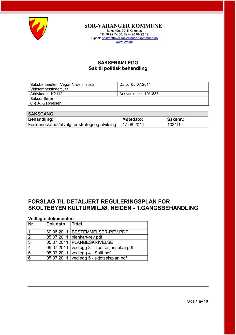 Gabrielsen SAKSGANG Behandling: Møtedato: Saksnr.: Formannskapet/utvalg for strategi og utvikling 17.08.2011 103/11 FORSLAG TIL DETALJERT REGULERINGSPLAN FOR SKOLTEBYEN KULTURMILJØ, NEIDEN - 1.