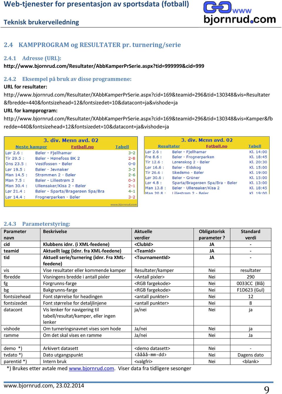 4.3 Parameterstyring: Parameter navn Beskrivelse Aktuelle verdier Obligatorisk parameter? Standard verdi cid Klubbens idnr. (i XML-feedene) <ClubId> JA - teamid Aktuellt lagg (idnr.