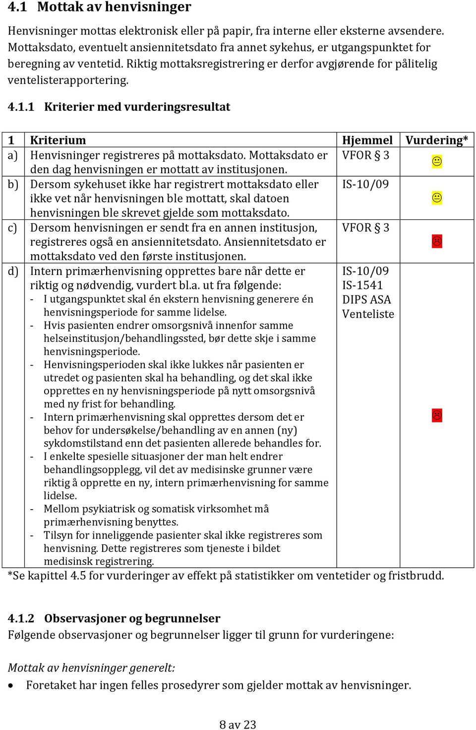 1 Kriterier med vurderingsresultat 1 Kriterium Hjemmel Vurdering* a) Henvisninger registreres på mottaksdato. Mottaksdato er VFOR 3 den dag henvisningen er mottatt av institusjonen.