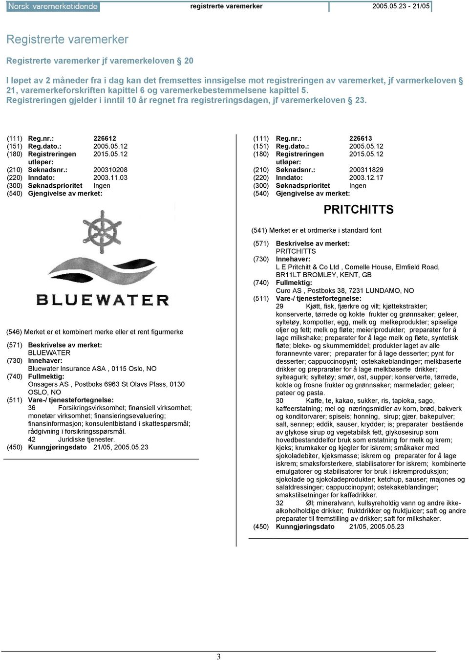 varemerkeforskriften kapittel 6 og varemerkebestemmelsene kapittel 5. Registreringen gjelder i inntil 10 år regnet fra registreringsdagen, jf varemerkeloven 23. (111) Reg.nr.: 226612 (151) Reg.dato.