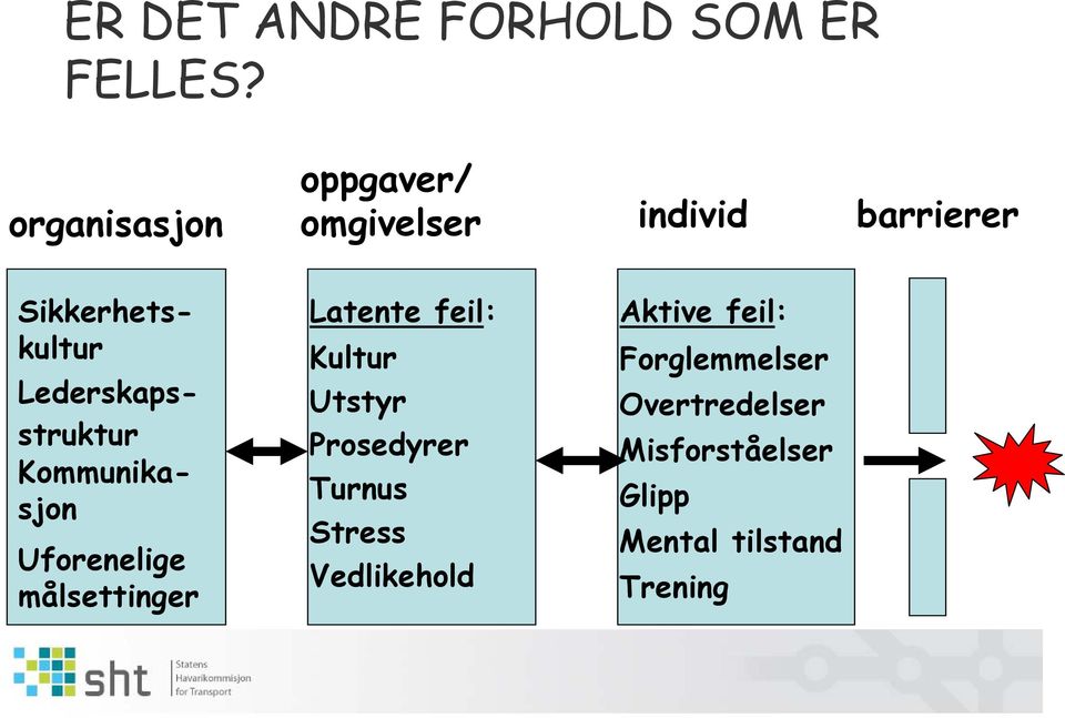 Lederskapsstruktur Kommunikasjon Uforenelige målsettinger Latente feil: Kultur