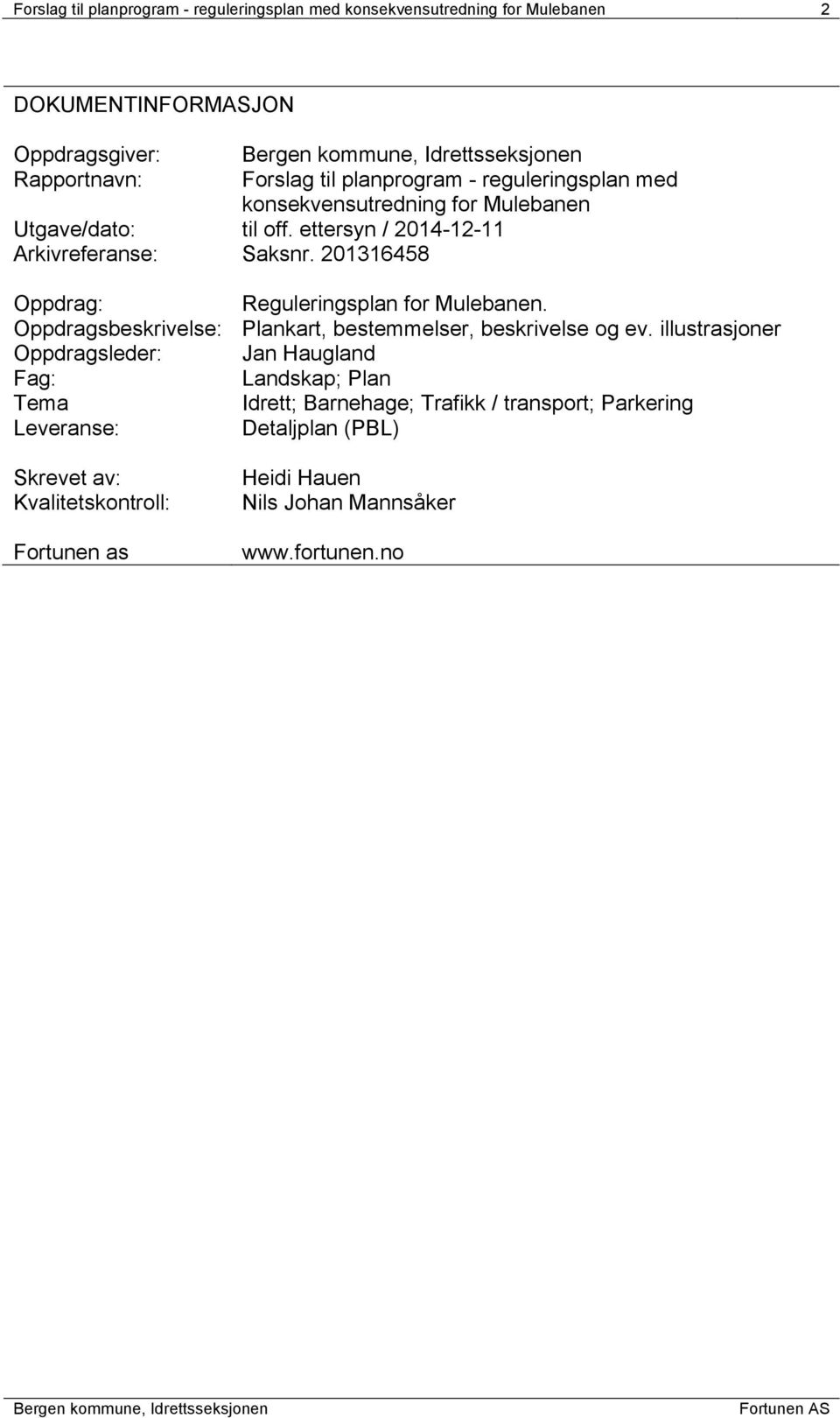 201316458 Oppdrag: Reguleringsplan for Mulebanen. Oppdragsbeskrivelse: Plankart, bestemmelser, beskrivelse og ev.