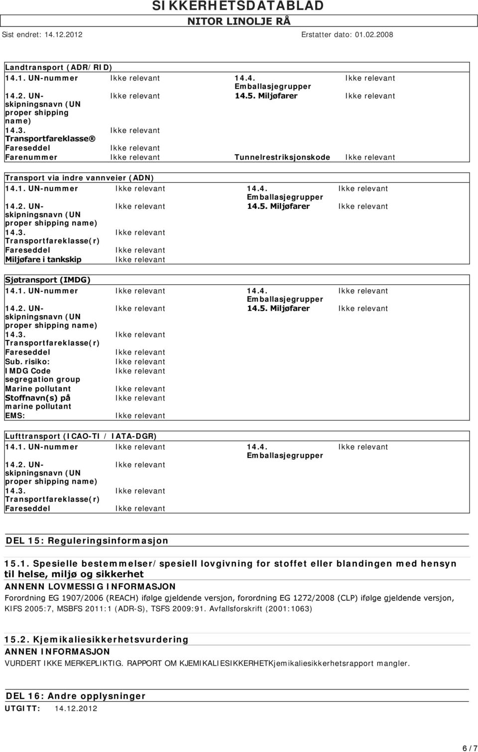 risiko: IMDG Code segregation group Marine pollutant Stoffnavn(s) på marine pollutant EMS: Lufttransport (ICAO-TI / IATA-DGR) 14.