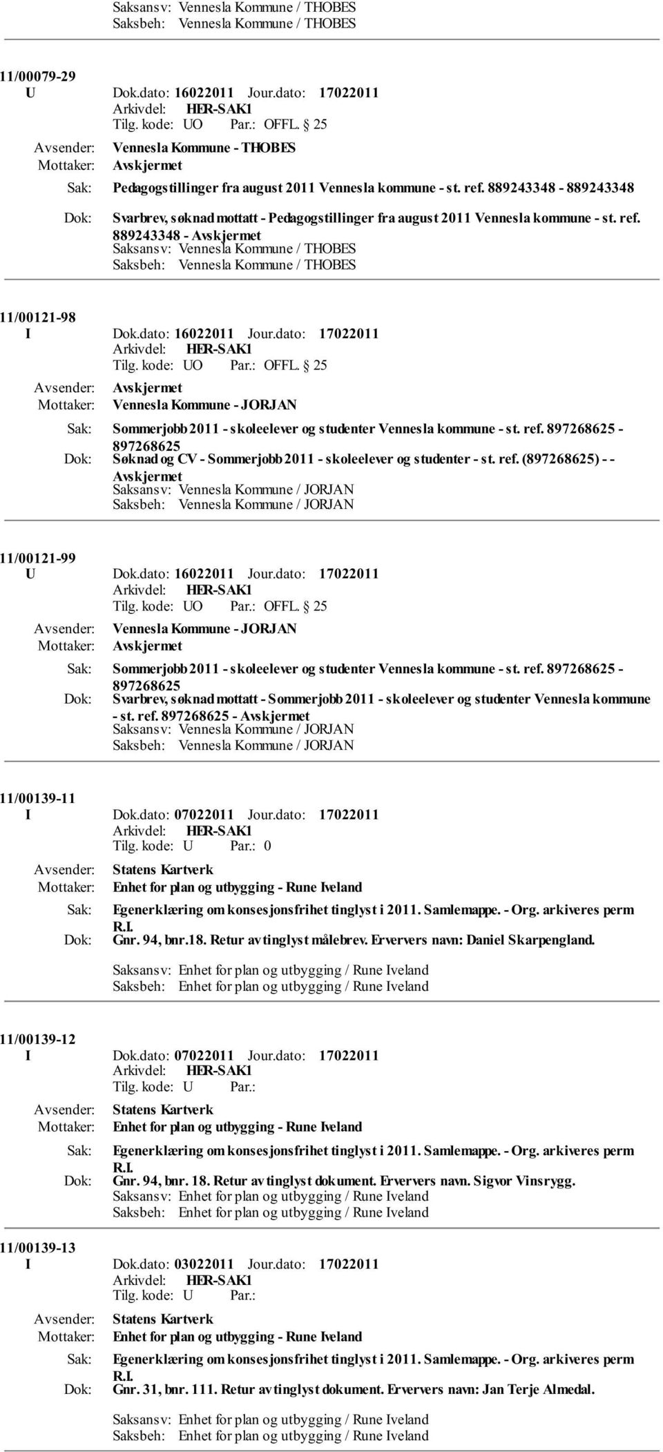 889243348 - Saksansv: Vennesla Kommune / THOBES Saksbeh: Vennesla Kommune / THOBES 11/00121-98 I Dok.dato: 16022011 Jour.