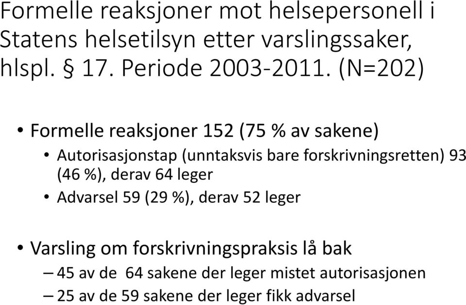 (N=202) Formelle reaksjoner 152 (75 % av sakene) Autorisasjonstap (unntaksvis bare