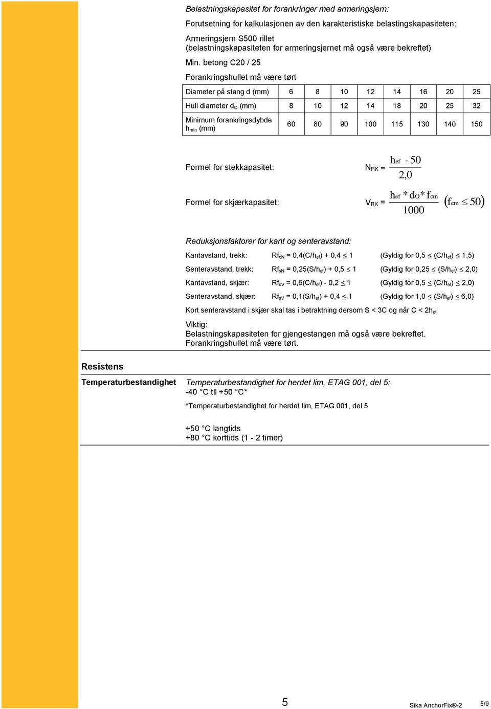 betong C20 / 25 Forankringshullet må være tørt Diameter på stang d (mm) 6 8 10 12 14 16 20 25 Hull diameter d O (mm) 8 10 12 14 18 20 25 32 Minimum forankringsdybde h min (mm) 60 80 90 100 115 130