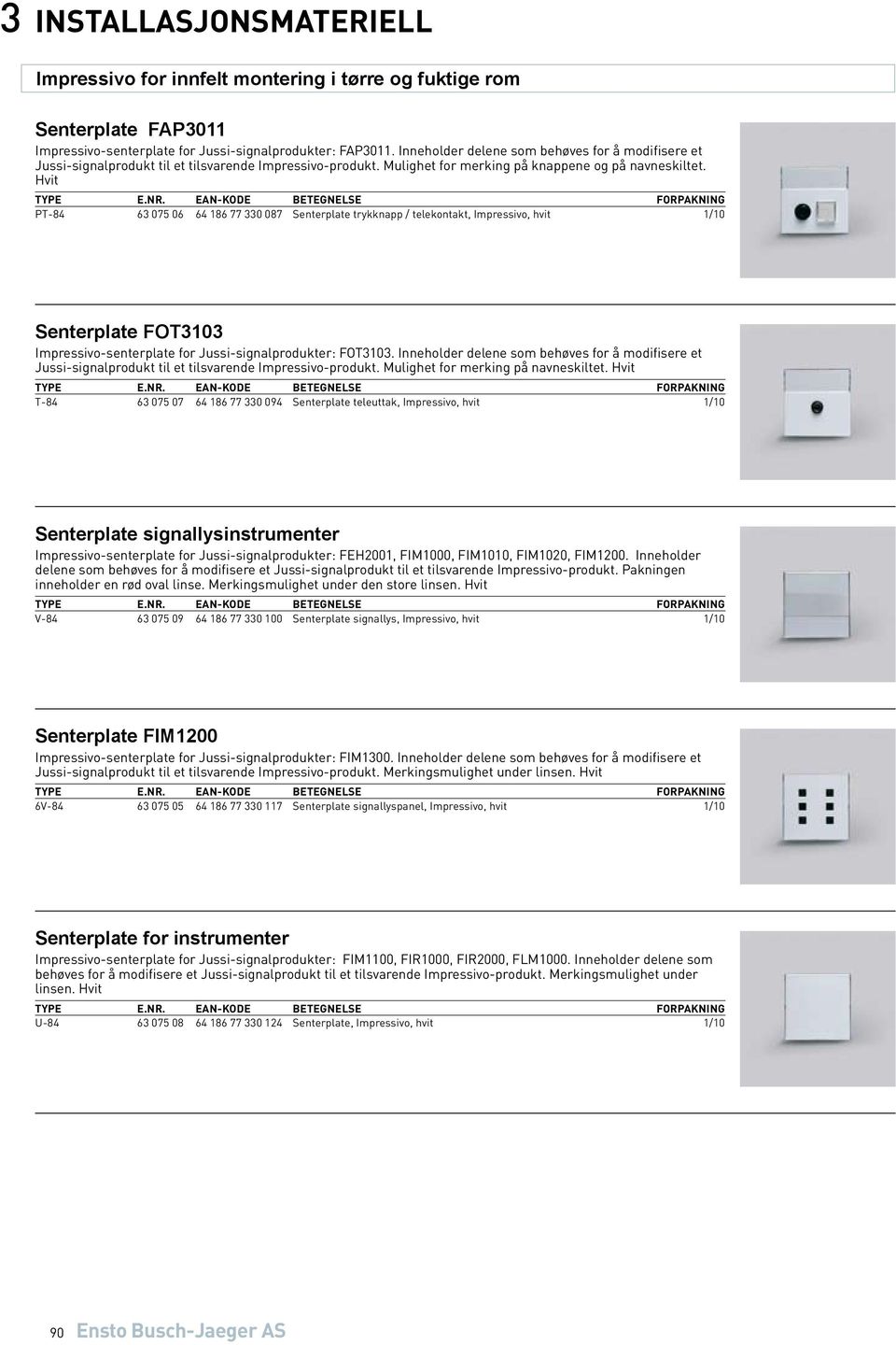 Hvit PT-84 63 075 06 64 186 77 330 087 Senterplate trykknapp / telekontakt, Impressivo, hvit 1/10 Senterplate FOT3103 Impressivo-senterplate for Jussi-signalprodukter: FOT3103.