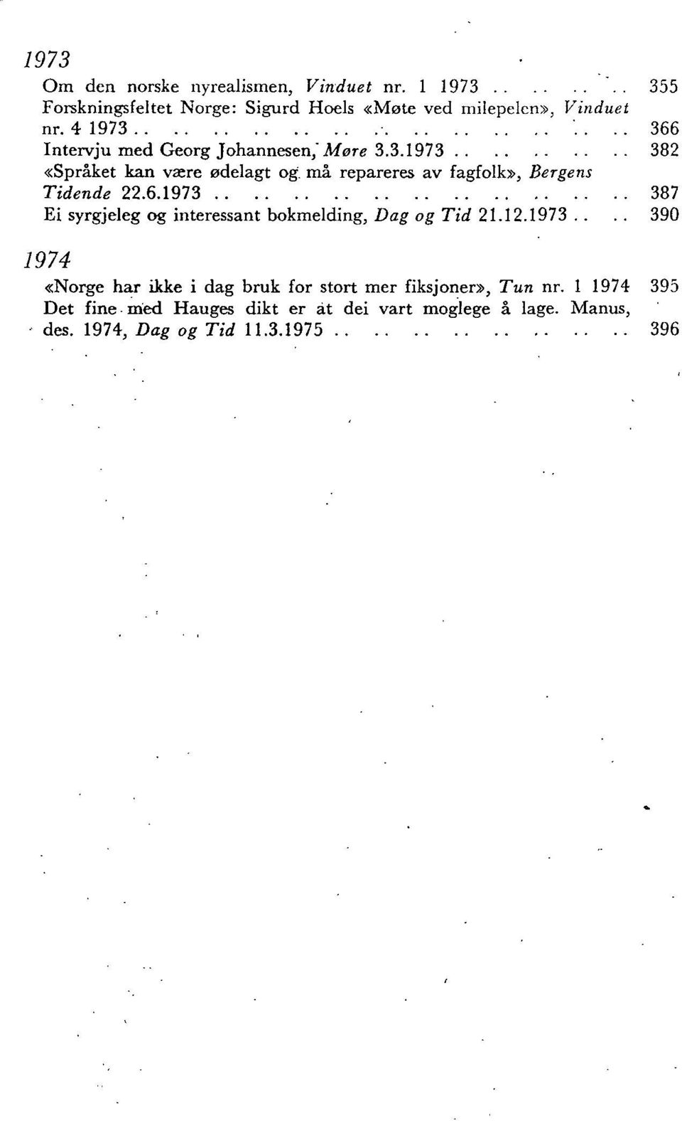 må repareres av fagfolk», Bergens Tidende 22.6.1973 387 Ei syrgjeleg og interessant bokmelding, Dag og Tid 21.12.1973.... 390 1974 «Norge har ikke i dag bruk for stort mer fiksjoner», Tun nr.