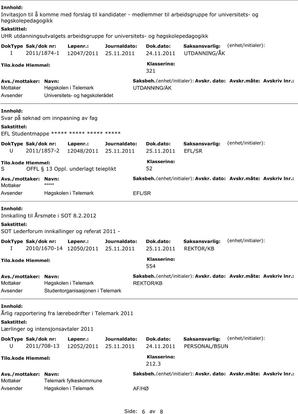 2011/1857-2 12048/2011 EFL/R EFL/R nnkalling til Årsmøte i OT 8.2.2012 OT Lederforum innkallinger og referat 2011-2010/1670-14 12050/2011 REKTOR/KB 554 Avsender tudentorganisasjonen i